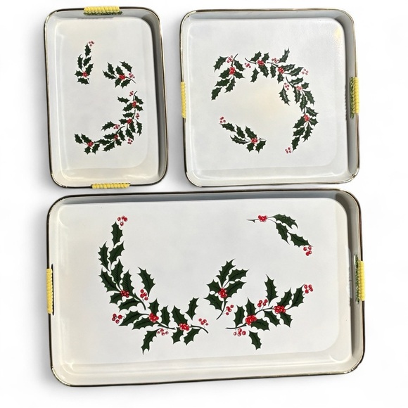 Vintage 3 Piece Lacquerware Nesting Tray Set Christmas Holly  Japan server - Picture 5 of 9